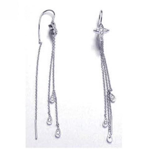 Sterling Silver Classic Paved Flower Design with Hanging Three Strands Pearshaped Clear Czs Dangle Stud Earring