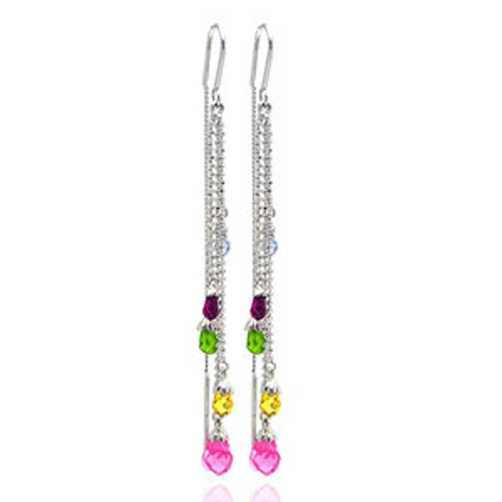 Sterling Silver Fancy Multi-Colored Teardrop Czs Threader Chain Earring