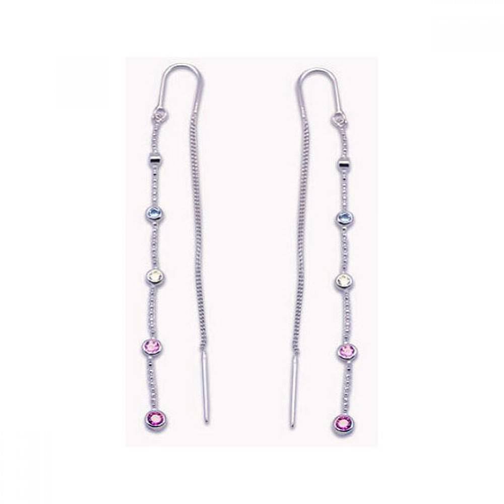 Sterling Silver Single Strand with Multi-Colored Round Czs on Bezel Setting Threader Chain Earring