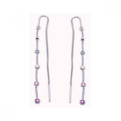 Sterling Silver Single Strand with Multi-Colored Round Czs on Bezel Setting Threader Chain Earring