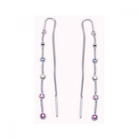 Sterling Silver Single Strand with Multi-Colored Round Czs on Bezel Setting Threader Chain Earring