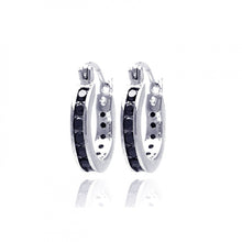 Load image into Gallery viewer, Sterling Silver  Rhodium Plated Black CZ Hoop Earring