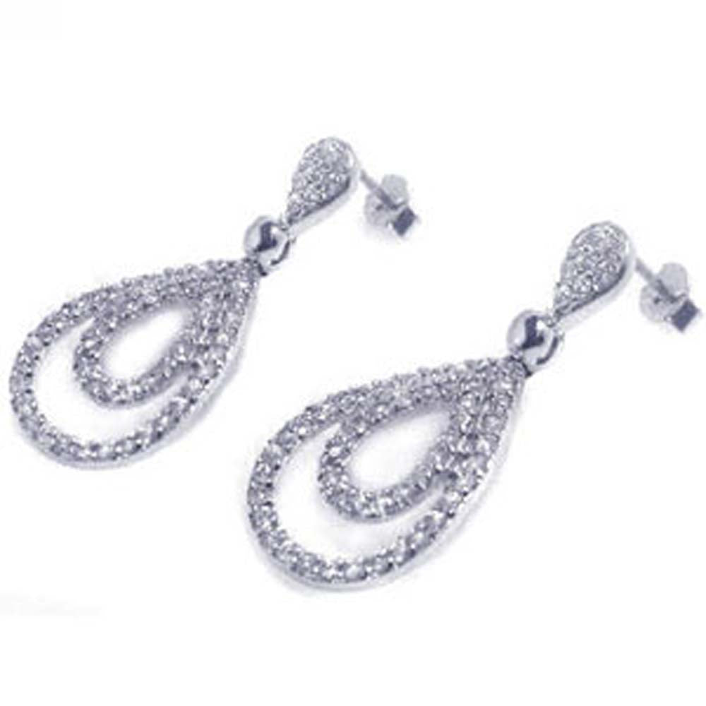 Sterling Silver Elegant Micro Paved Double Pear Shaped Design Dangle Stud Earring