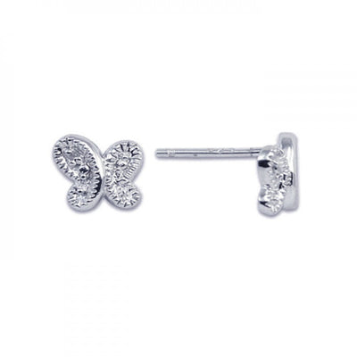 Sterling Silver Rhodium Plated Butterfly Shaped  Post Earring With CZ Stones