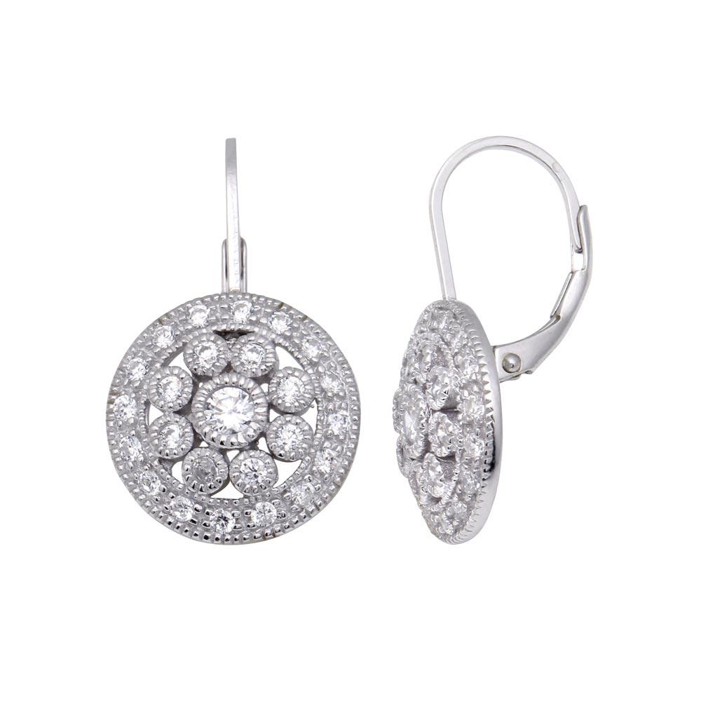 Sterling Silver Vintage Flat Round cluster Design Covered With Clear Czs Hook Earring