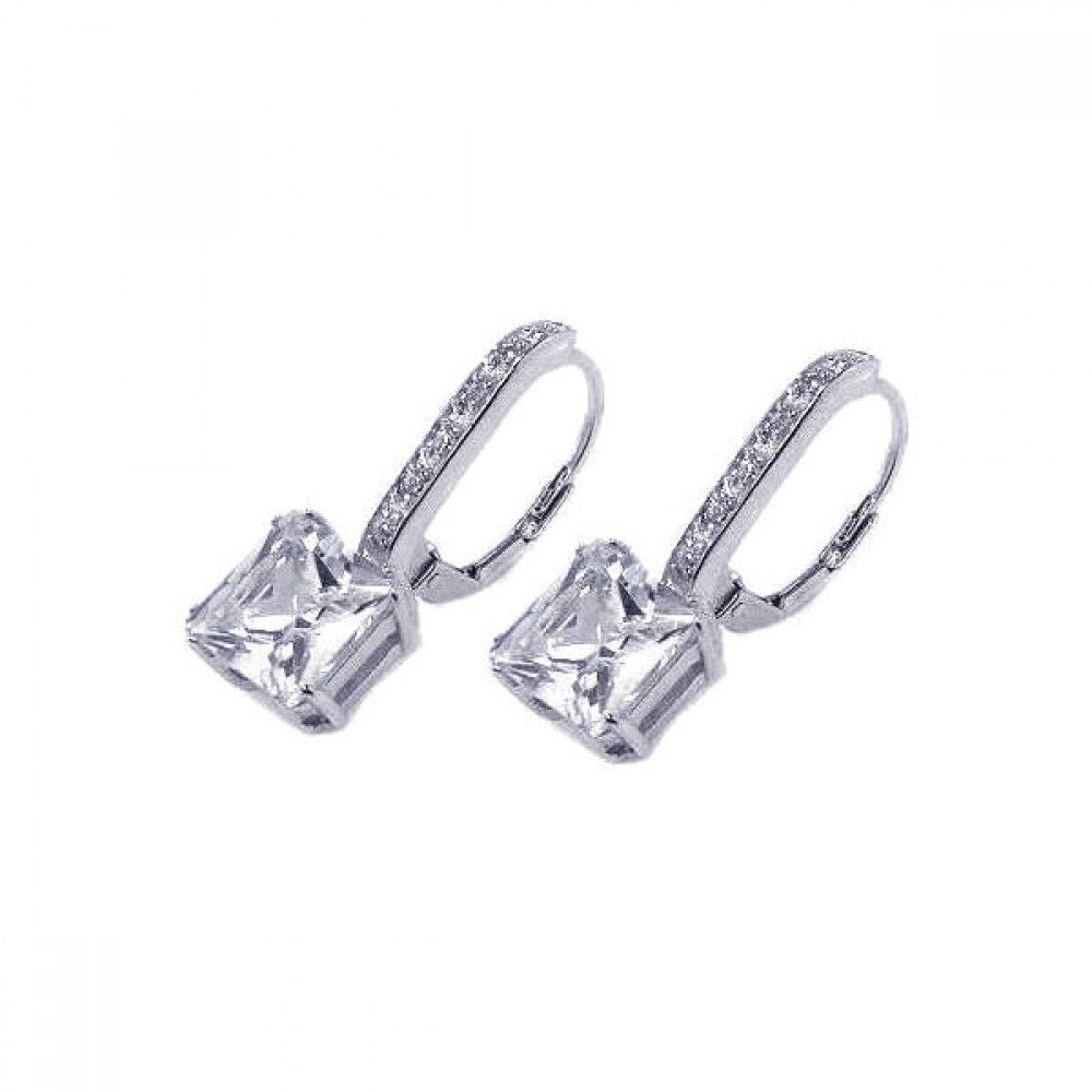 Sterling Silver Elegant Square Design Inlaid with clear Czs Clip Dangle  Earring