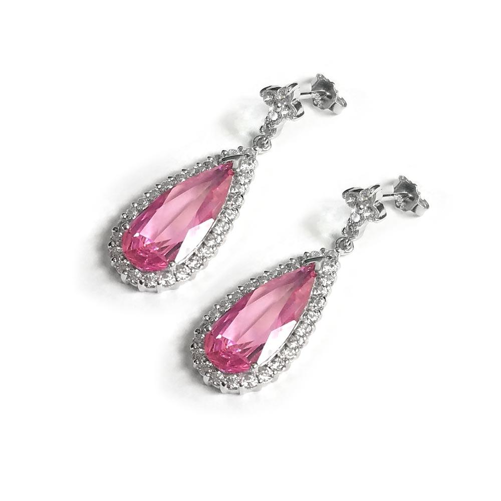 Sterling Silver Sophisticated Teardrop Design With Blue/ Pink Colored  Cz  Stone Sourrounded By Fine Clear Czs Dangle Stud Earring