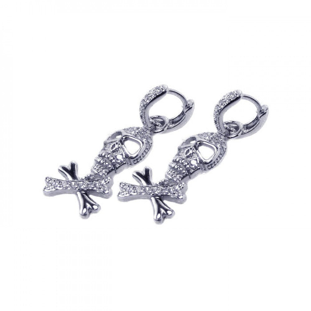 Sterling Silver Rhodium Plated Bone And Skull Shaped Dangling Huggie Earrings With CZ Stones