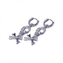 Load image into Gallery viewer, Sterling Silver Rhodium Plated Bone And Skull Shaped Dangling Huggie Earrings With CZ Stones