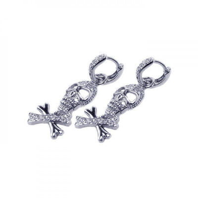 Sterling Silver Rhodium Plated Bone And Skull Shaped Dangling Huggie Earrings With CZ Stones