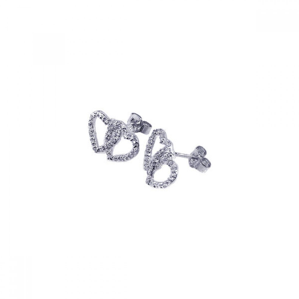 Sterling Silver Rhodium Plated Two Heart CZ Post Earrings