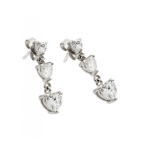 Sterling Silver Rhodium Plated Heart Dangling Earrings With CZ Stones