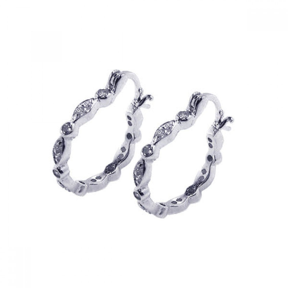 Sterling Silver Rhodium Plated Circle Marqui  Hoop Earring With CZ Stones