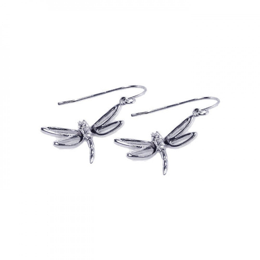 Sterling Silver Rhodium Plated Dragonfly Shaped  Hook Earring With CZ Stones