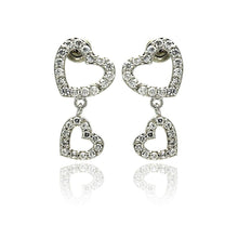 Load image into Gallery viewer, Sterling Silver Trendy Paved Double Open Hearts Design Dangle Stud Earring