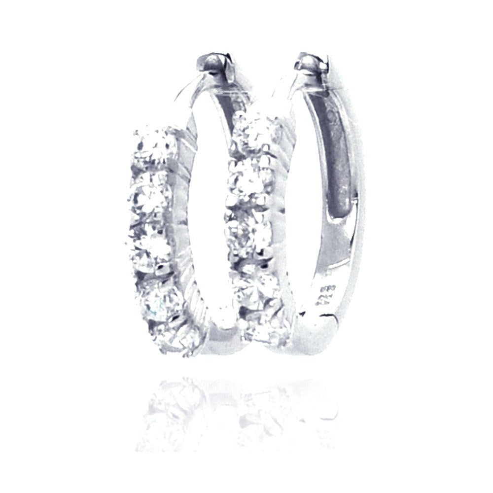 Sterling Silver Rhodium Plated Circle Shaped Huggie Earrings With CZ Stones