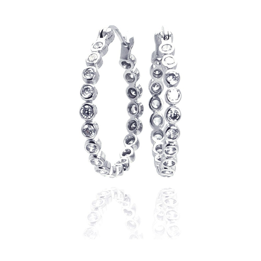 Sterling Silver Nickel Free Rhodium Plated Round Shape Small Bubble Hoop Earrings With CZ Stones
