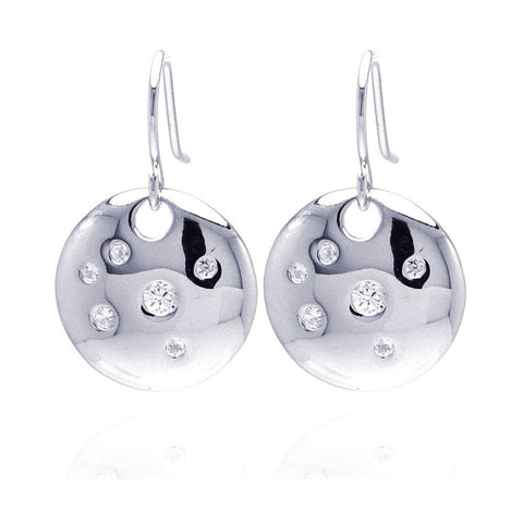 Sterling Silver Classy Round Disc Design Embedded with Clear Czs Dangle Hook Earring