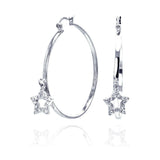 Sterling Silver Nickel Free Rhodium Plated Dangling Open Star Shape  Hoop Earrings With CZ Stones