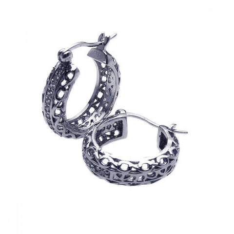 Sterling Silver Nickel Free Rhodium Plated Filigree Shaped Hoop Earrings With CZ Stones