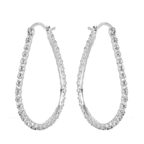 Sterling Silver Nickel Free Rhodium Plated Open Drop Shape  Hoop Earrings With CZ Stones