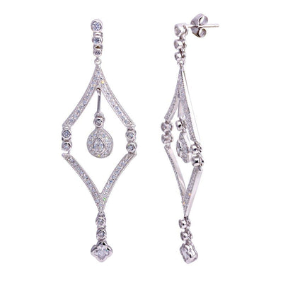 Sterling Silver Elegant Paved Diamond Shaped Design with Pear ShapedAnd Round CutAnd and Clover Flower Clear Czs Chandelier Dangle Stud Earring