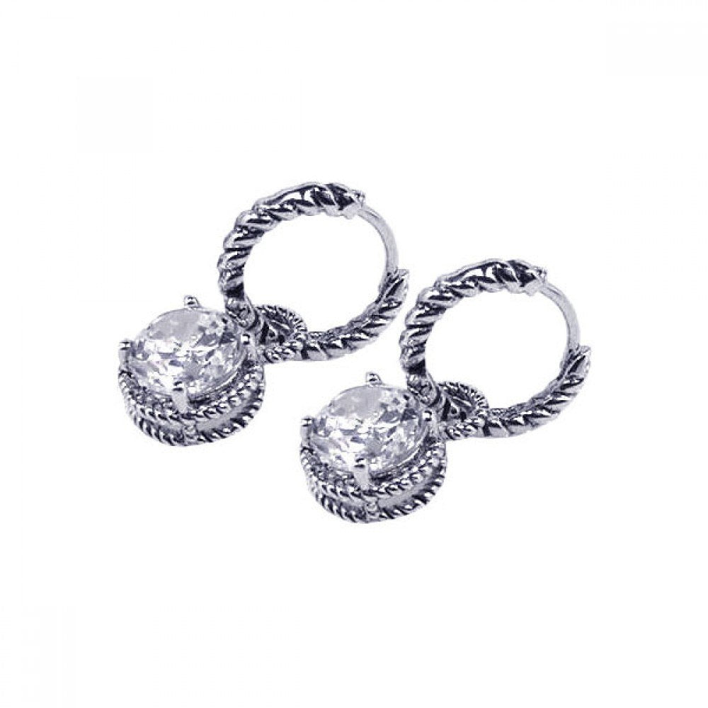 Sterling Silver Rhodium Plated Round Dangling Hoop  Earrings With CZ Stones