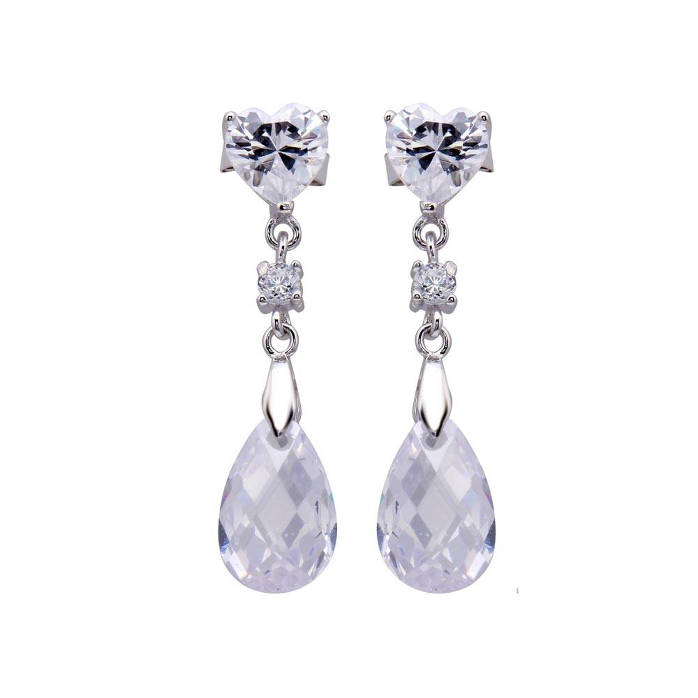 Sterling Silver Nickel Free Rhodium Plated Heart And Teardrop Shaped  Dangling Stud Earring With CZ Stones