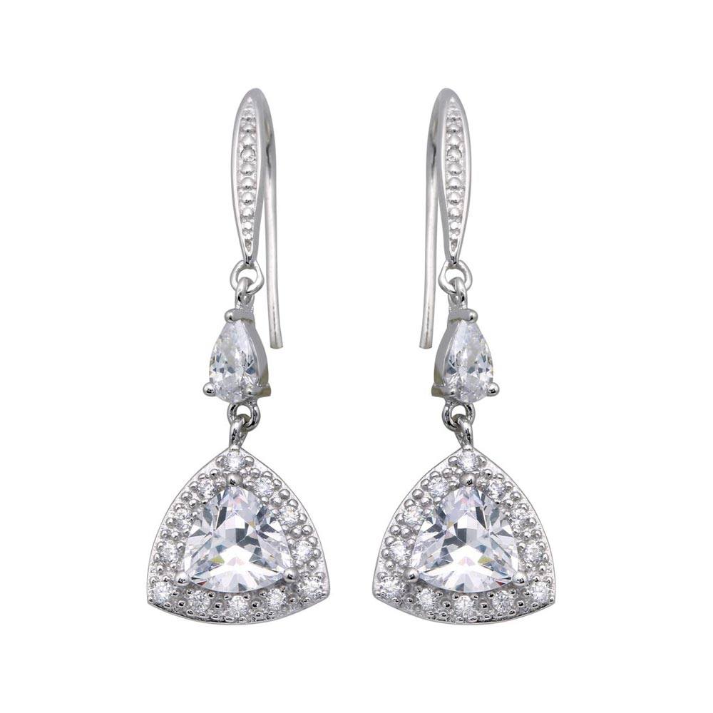 Sterling Silver Classy Pear Shaped and Trillion Cut Clear Cz Link with Paved Halo Setting Dangle Hook Earring