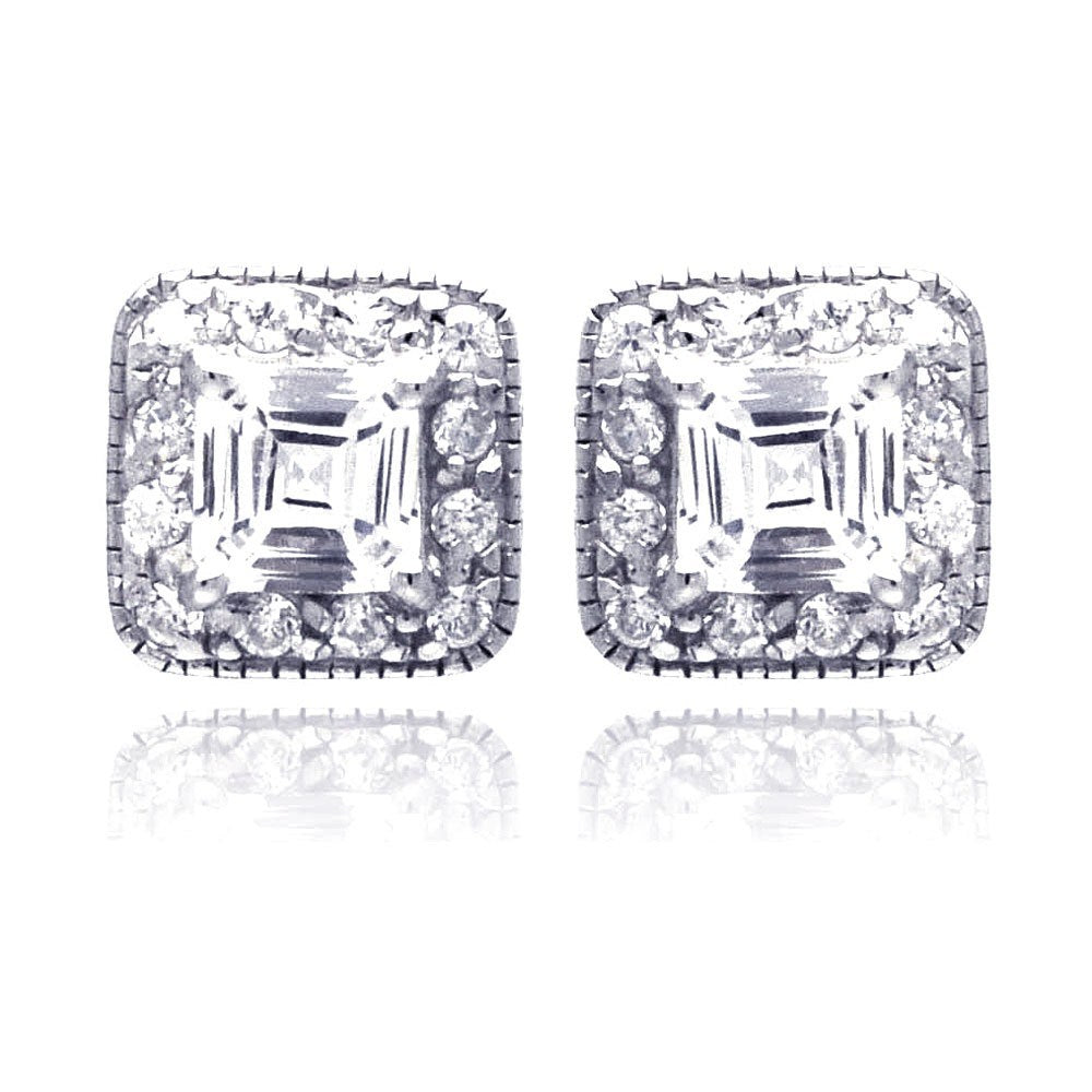 Sterling Silver Nickel Free Rhodium Plated Square Cluster Shaped Stud Earring With CZ Stones