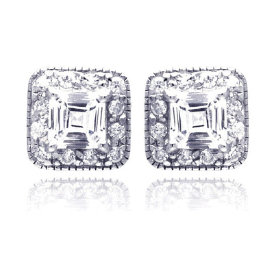 Sterling Silver Nickel Free Rhodium Plated Square Cluster Shaped Stud Earring With CZ Stones