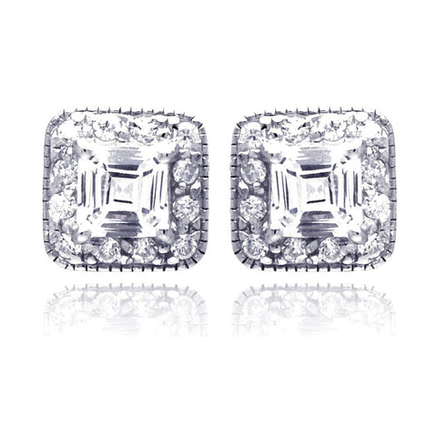 Sterling Silver Nickel Free Rhodium Plated Square Cluster Shaped Stud Earring With CZ Stones