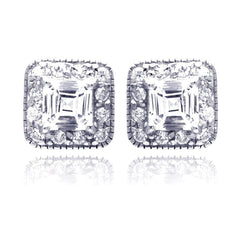 Sterling Silver Nickel Free Rhodium Plated Square Cluster Shaped Stud Earring With CZ Stones