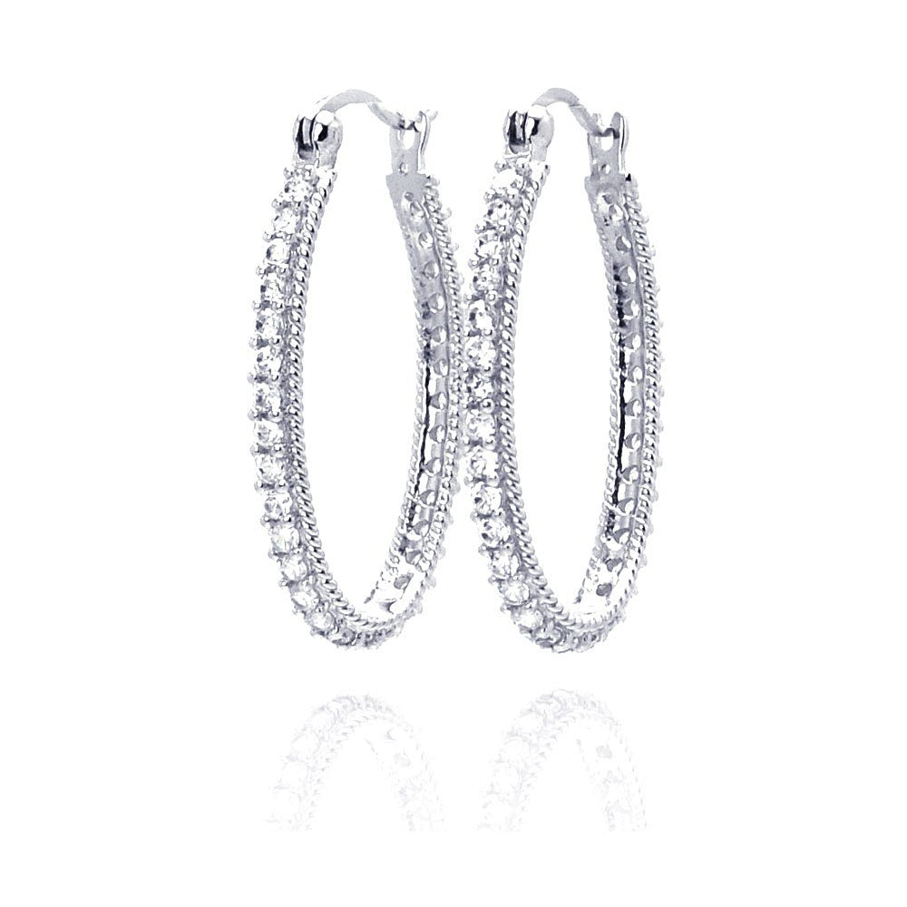 Sterling Silver Nickel Free Rhodium Plated Round Shape Medium Hoop Earrings With CZ Stones