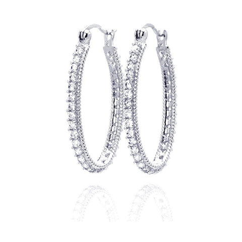 Sterling Silver Nickel Free Rhodium Plated Round Shape Medium Hoop Earrings With CZ Stones