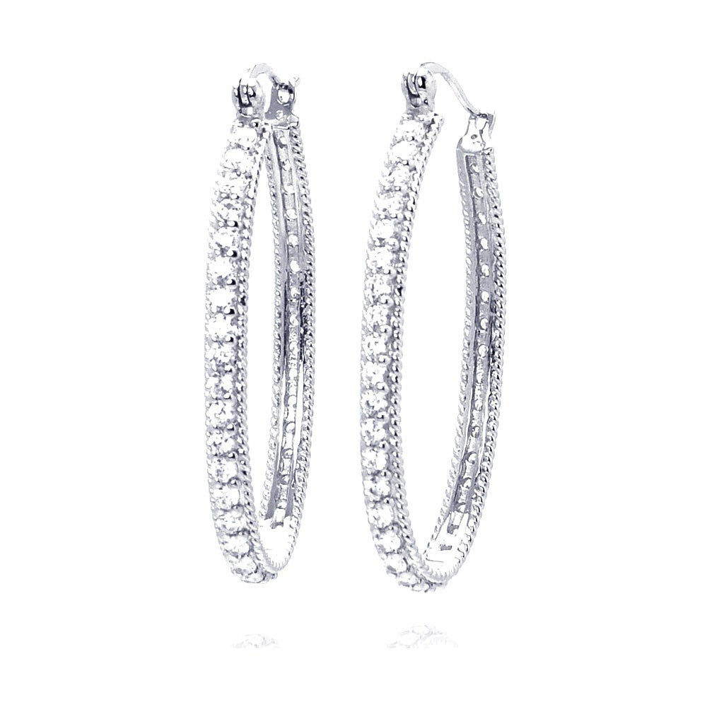 Sterling Silver Nickel Free Rhodium Plated Round Shape Large Hoop Earrings With CZ Stones