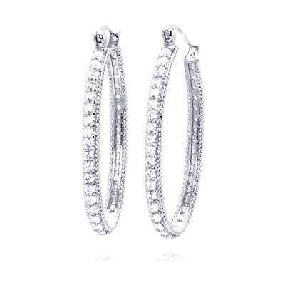 Sterling Silver Nickel Free Rhodium Plated Round Shape Large Hoop Earrings With CZ Stones