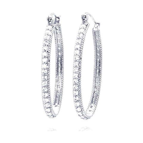 Sterling Silver Nickel Free Rhodium Plated Round Shape Large Hoop Earrings With CZ Stones