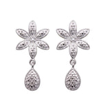 Sterling Silver Paved Flower and Teardrop Link Design Dangle Stud Earring