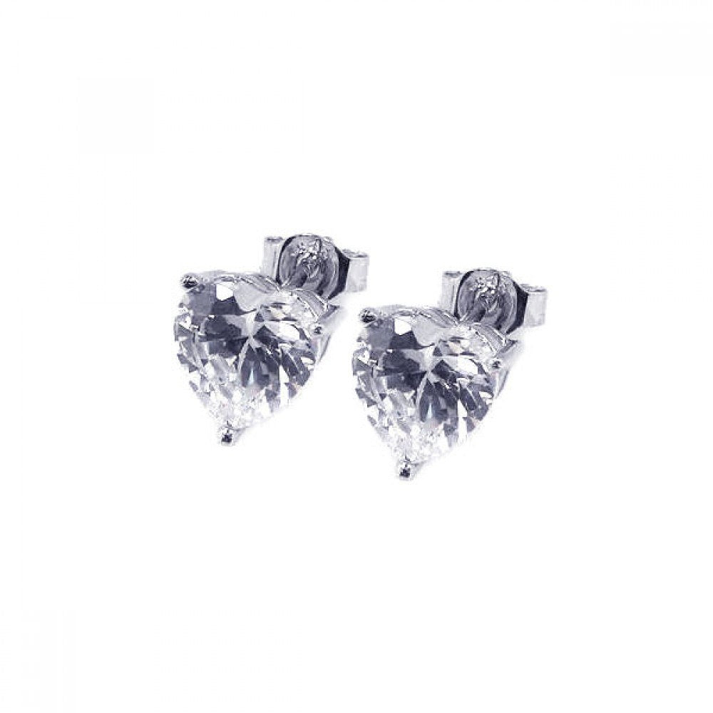 Sterling Silver Nickel Free Rhodium Plated Heart Shaped Stud Earring With CZ Stones