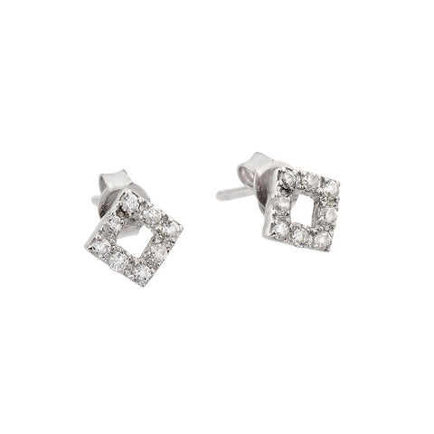 A Modern Sterling Silver Stud Earrings With Open Square Design Inlaid with Solid Clear Cz Stones