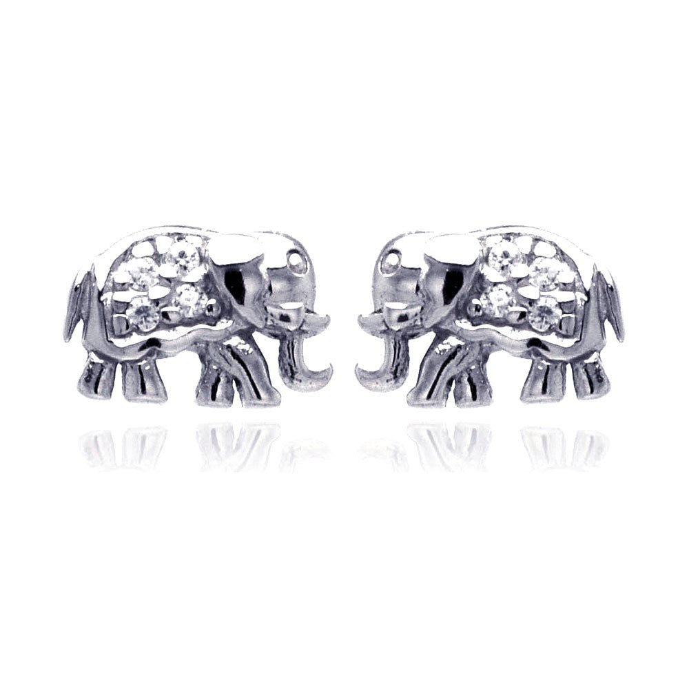 Sterling Silver Nickel Free Rhodium Plated Elephant Cluster Shaped  Stud Earring With CZ Stones