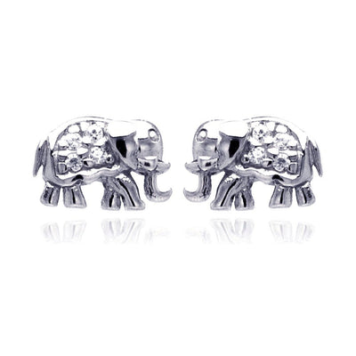 Sterling Silver Nickel Free Rhodium Plated Elephant Cluster Shaped  Stud Earring With CZ Stones