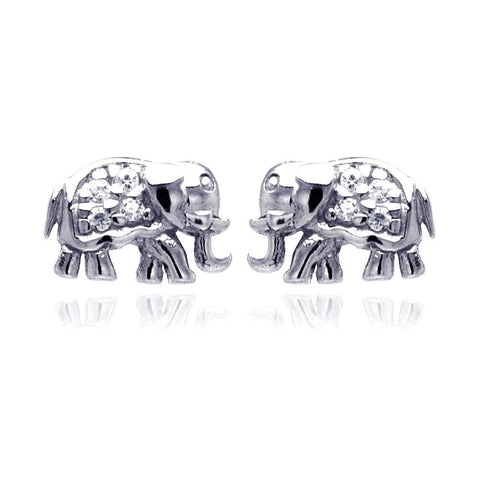 Sterling Silver Nickel Free Rhodium Plated Elephant Cluster Shaped  Stud Earring With CZ Stones