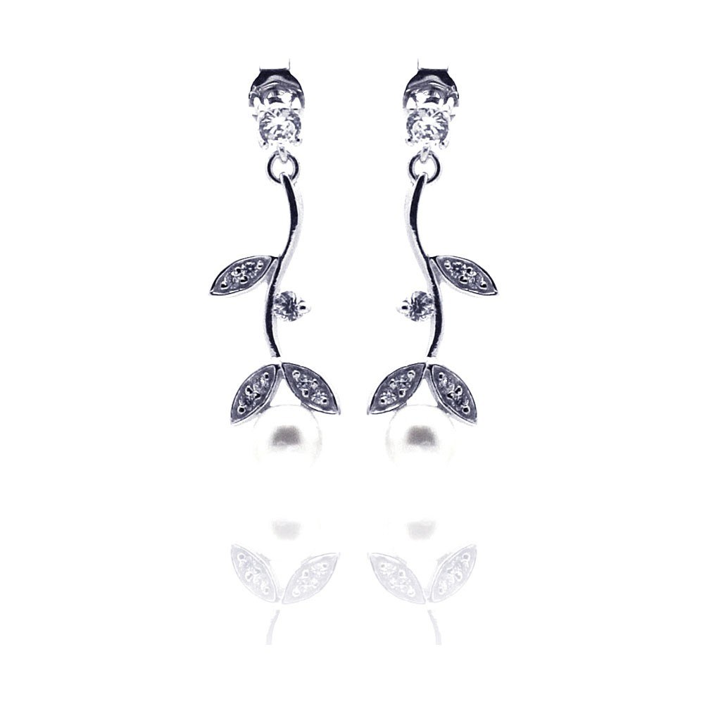 Sterling Silver Classy Leaf Branch Design Inlaid with Clear Czs and White Pearl at the Bottom Dangle Stud Earring