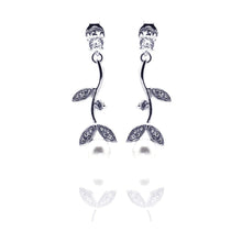 Load image into Gallery viewer, Sterling Silver Classy Leaf Branch Design Inlaid with Clear Czs and White Pearl at the Bottom Dangle Stud Earring