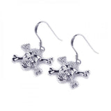 Sterling Silver Nickel Free Rhodium Plated Pirate Skull Shaped Dangling Hook Earrings With CZ Stones