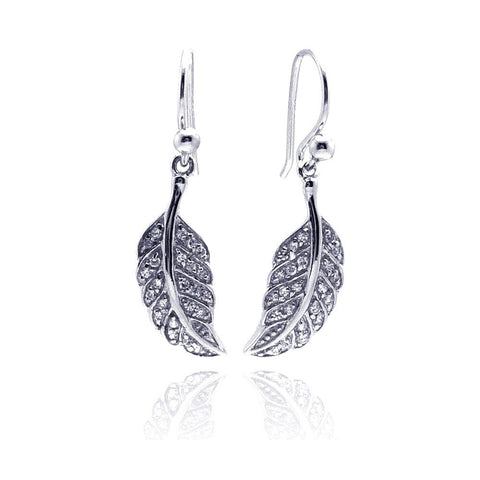 Sterling Silver Trendy Leaf Design Embedded with Clear Czs Dangle Hook Earring