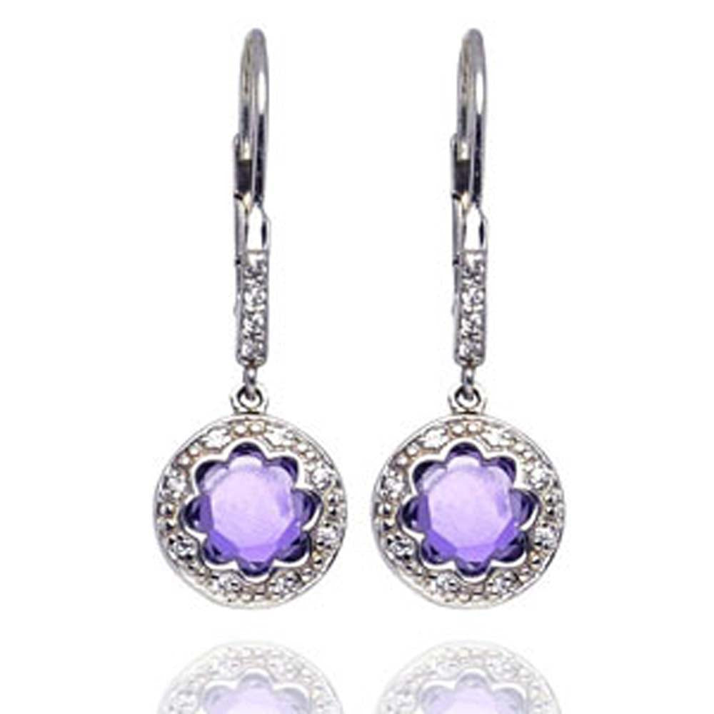 Sterling Silver Fancy Round Cut Lavender Cz on Paved Flower Frame Design Dangle Leverback Earring