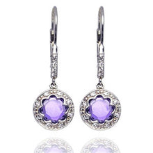 Load image into Gallery viewer, Sterling Silver Fancy Round Cut Lavender Cz on Paved Flower Frame Design Dangle Leverback Earring